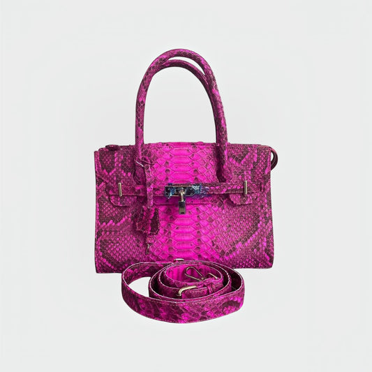 Sac à main Leather craftman en cuir de python fuchsia structuré avec fermoir métallique argenté et bandoulière