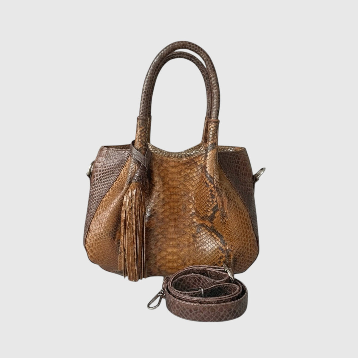 Sac à main Leather craftman en cuir de python véritable marron avec pompon décoratif et bandoulière amovible
