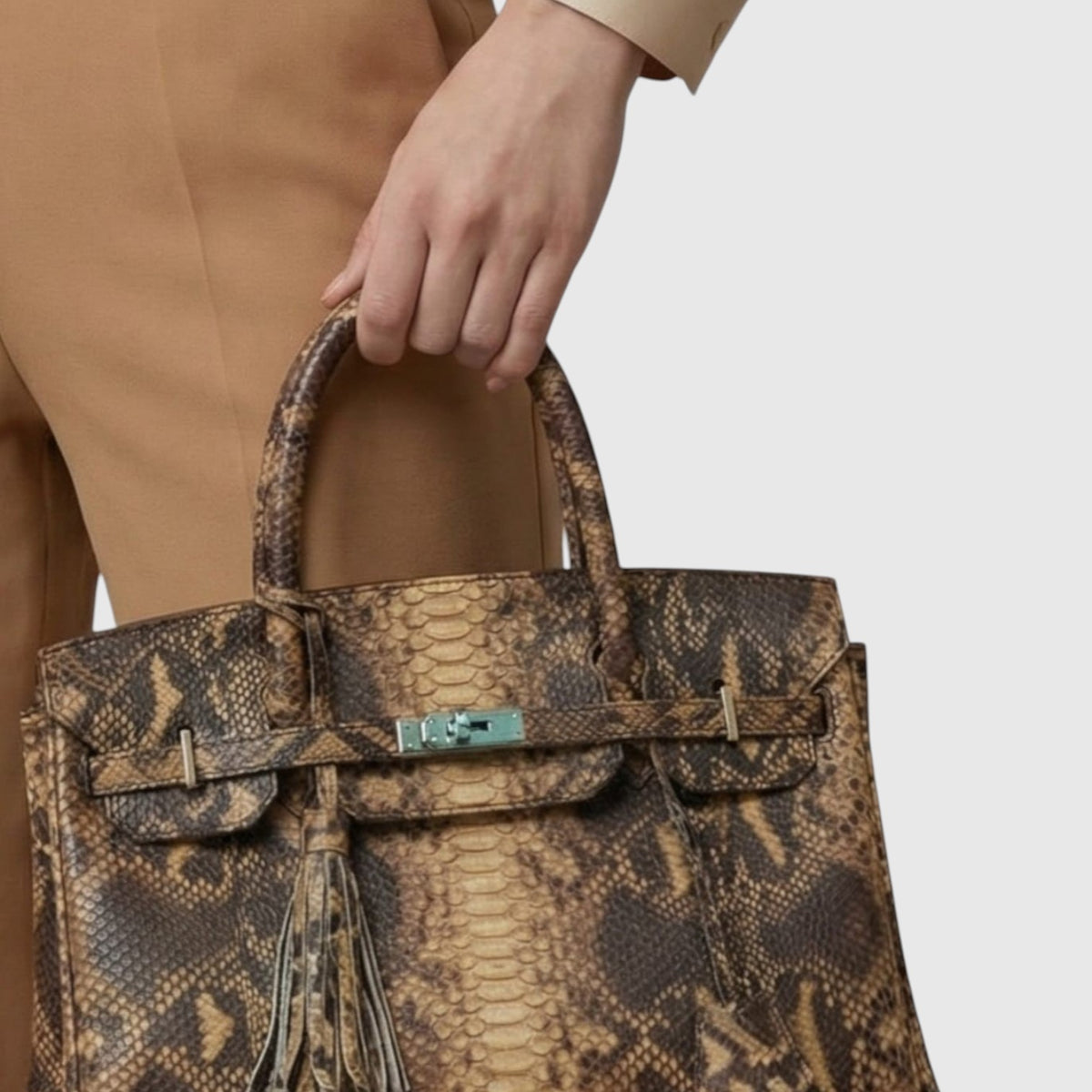 Sac à main Leather craftman en cuir de python véritable marron avec détails dorés porté à la main