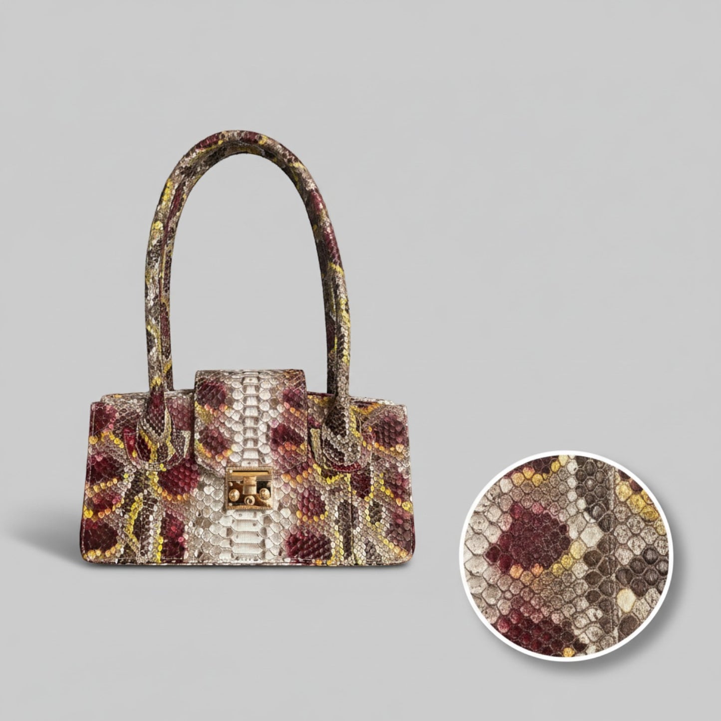 Sac à main Leather craftman Serpentina Rubis en cuir de python multicolore avec fermoir doré et anses structurées