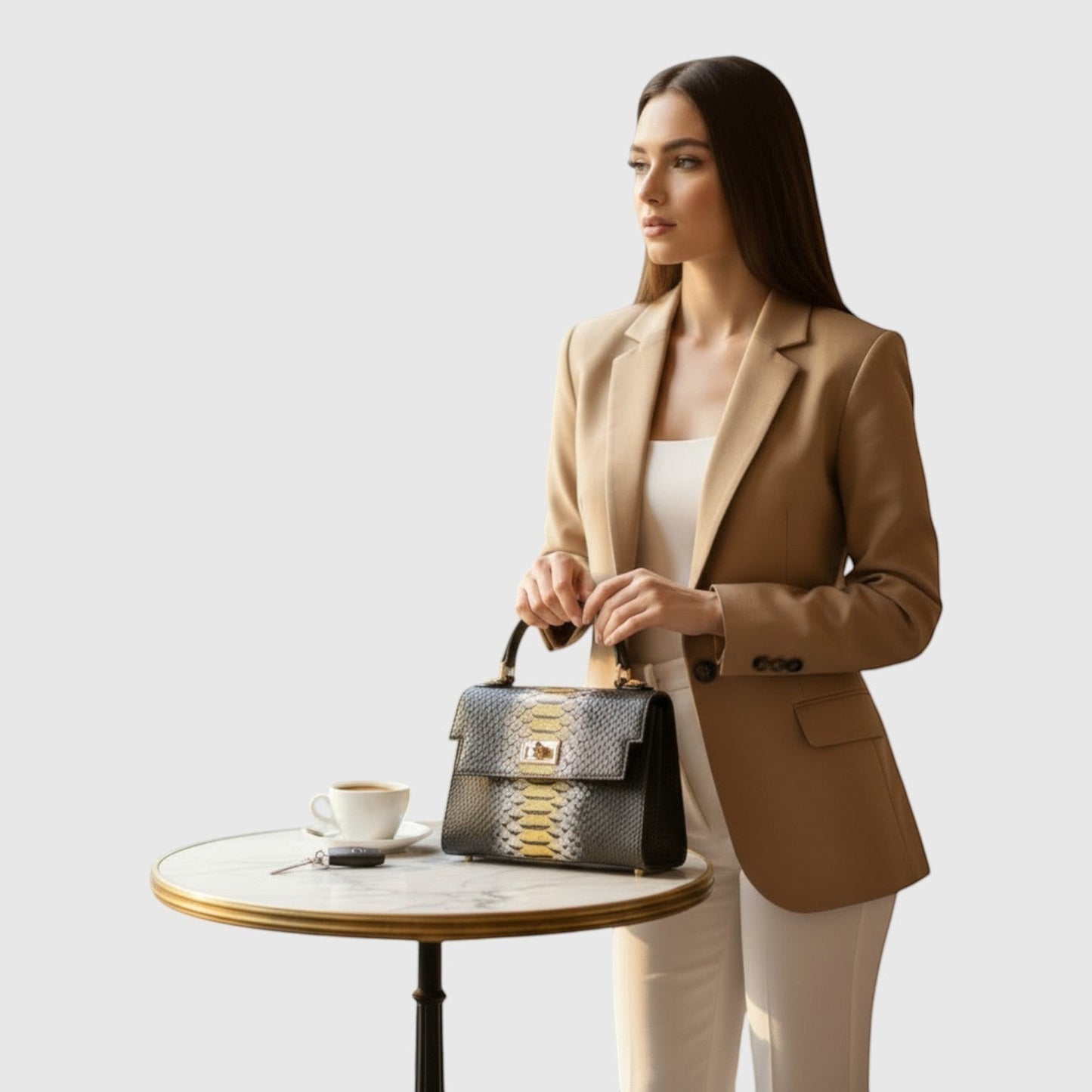 Femme élégante portant le sac à main Midnight Gold de Leather craftman en cuir de python noir avec détail doré central.