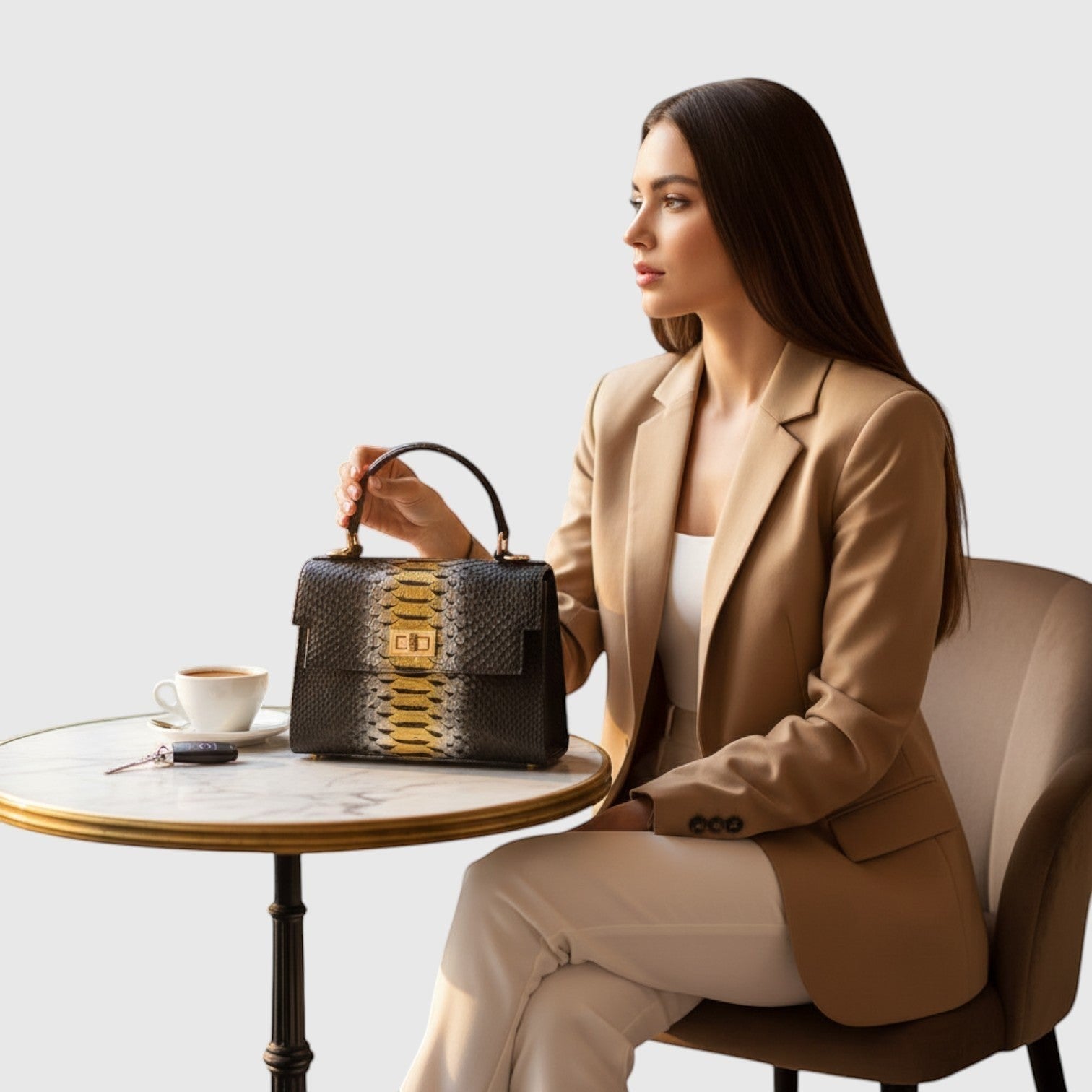 Femme élégante tenant un sac à main Leather craftman en cuir de python noir avec une épine dorsale dorée centrale.