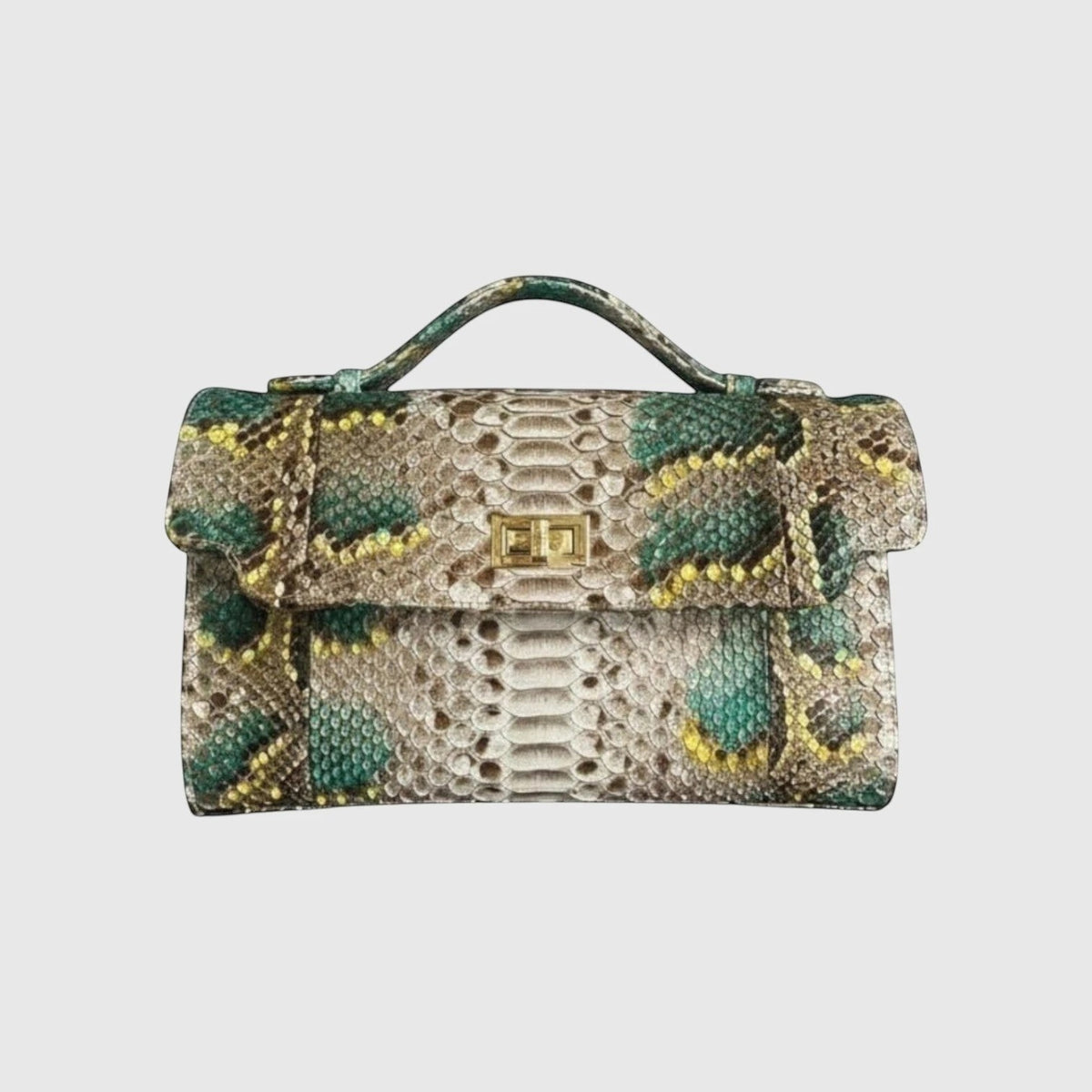 Sac à main Leather craftman Emerald Serpent en cuir de python véritable avec motif vert, doré et beige et fermoir doré