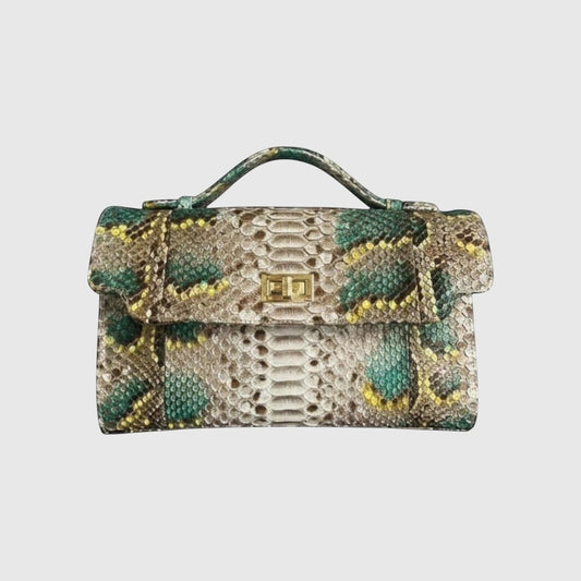 Sac à main Leather craftman Emerald Serpent en cuir de python véritable avec motif vert, doré et beige et fermoir doré