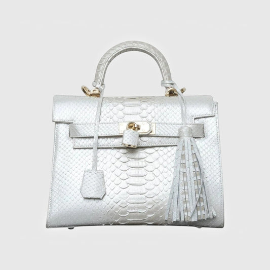 Sac à main Leather craftman Snow Python en cuir de serpent blanc avec détails en métal doré et pompon décoratif