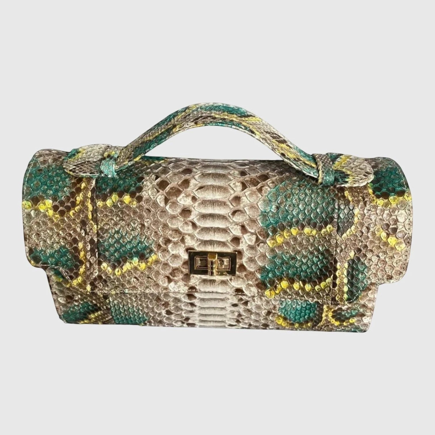 Sac à main Leather craftman Emerald Serpent en cuir de python véritable avec motif émeraude, doré et beige.