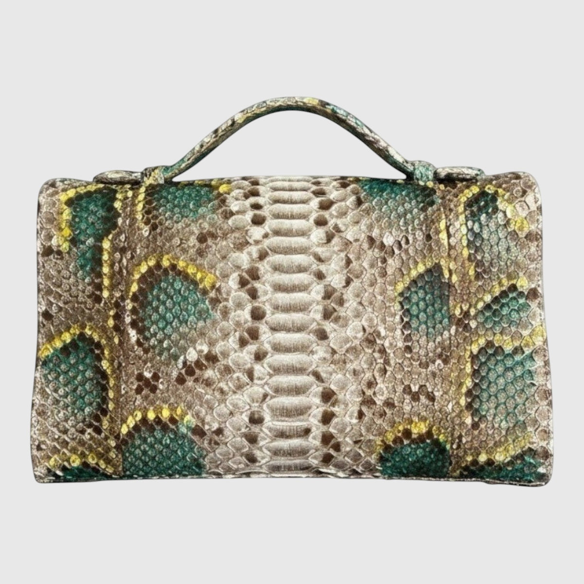 Sac à main Leather craftman Emerald Serpent en cuir de python véritable avec motif émeraude, doré et beige.