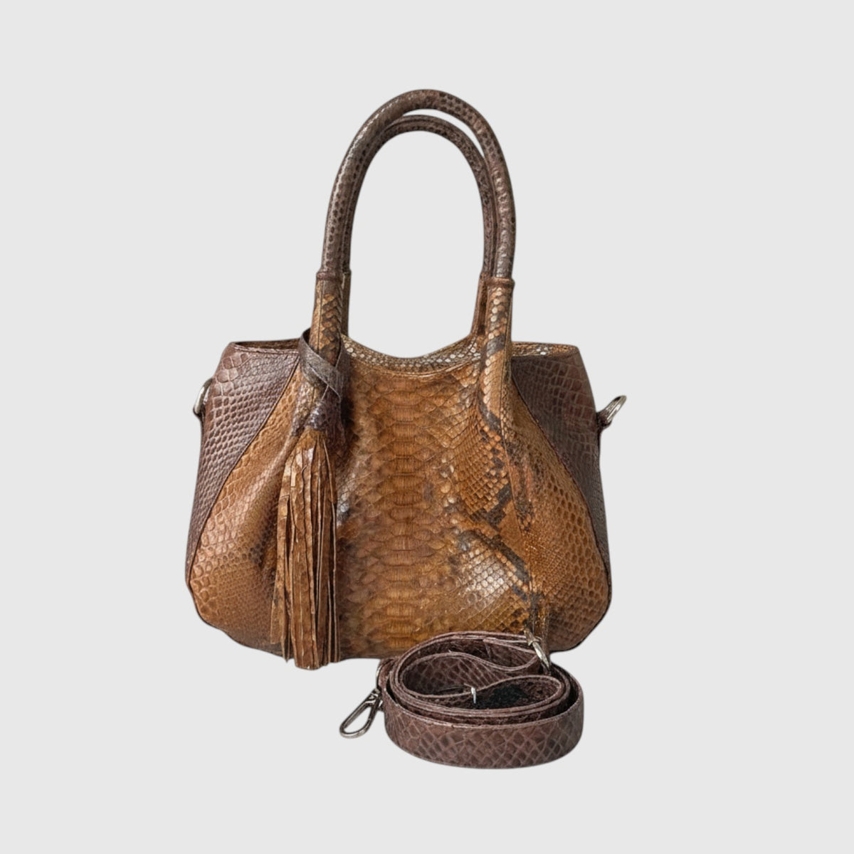 Sac à main Leather craftman en cuir de python marron véritable avec poignées structurées et détail de pompon élégant