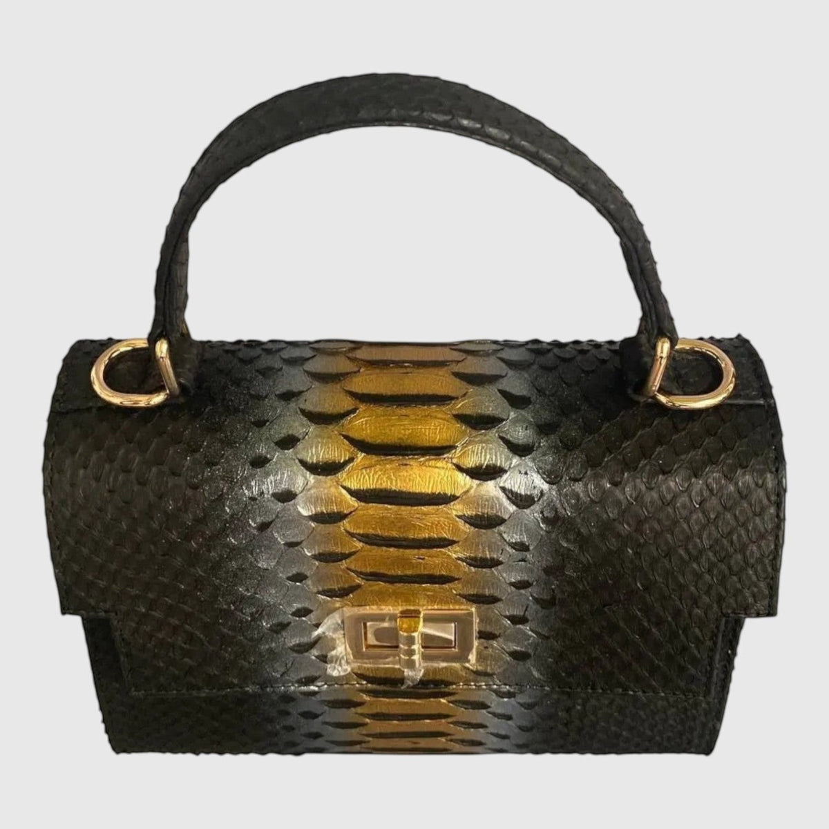Sac à main Leather craftman structuré en cuir de python noir avec détail central doré et poignée supérieure élégante
