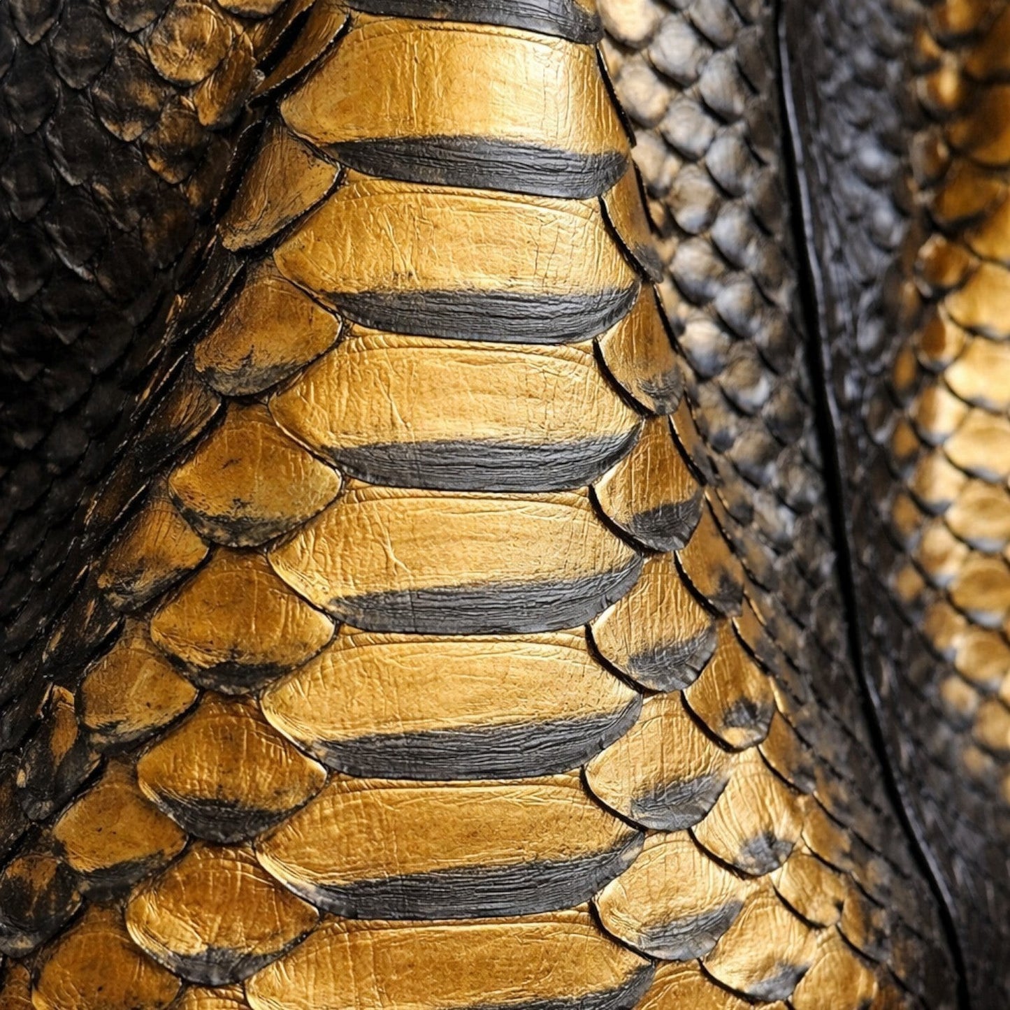 Gros plan sur le cuir de python noir et doré du sac à main Sahara Gold Python de Leather craftman