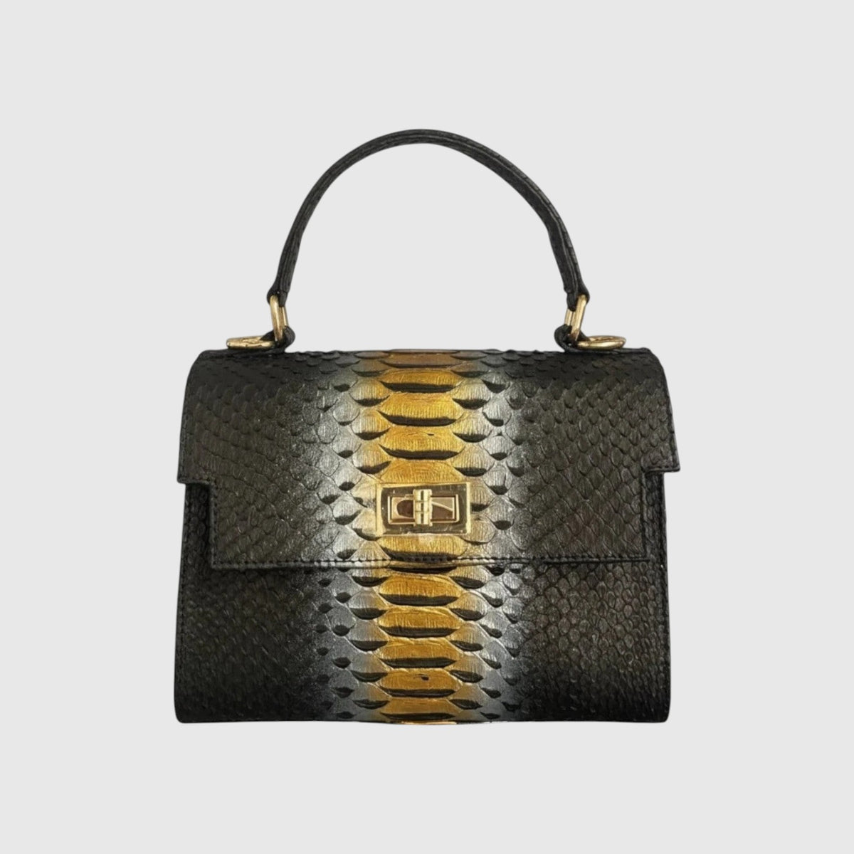 Sac à main Leather craftman en cuir de python noir avec une bande centrale dorée et une fermeture à verrou tournant