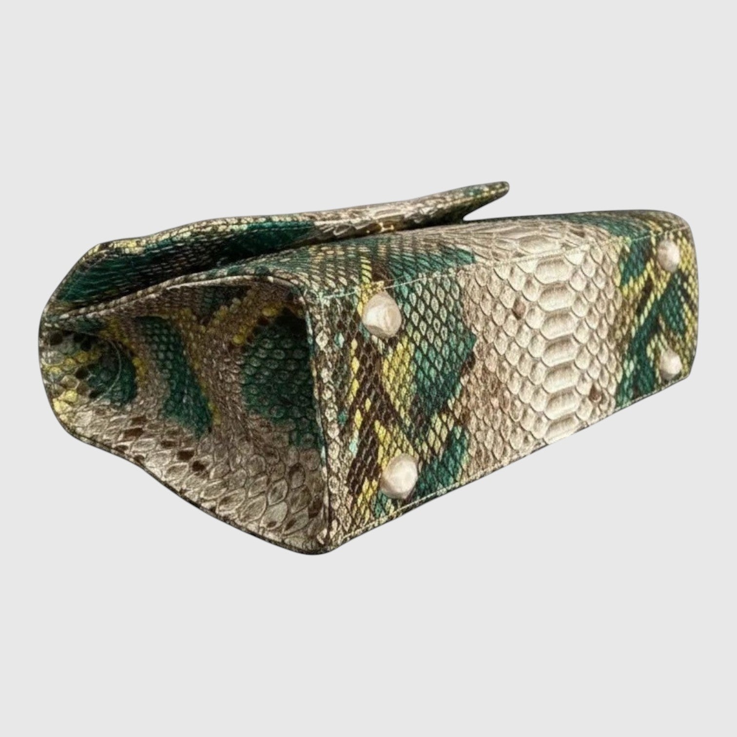 Sac à main Leather craftman Emerald Serpent en cuir de python véritable avec motif écailles vert, doré et beige