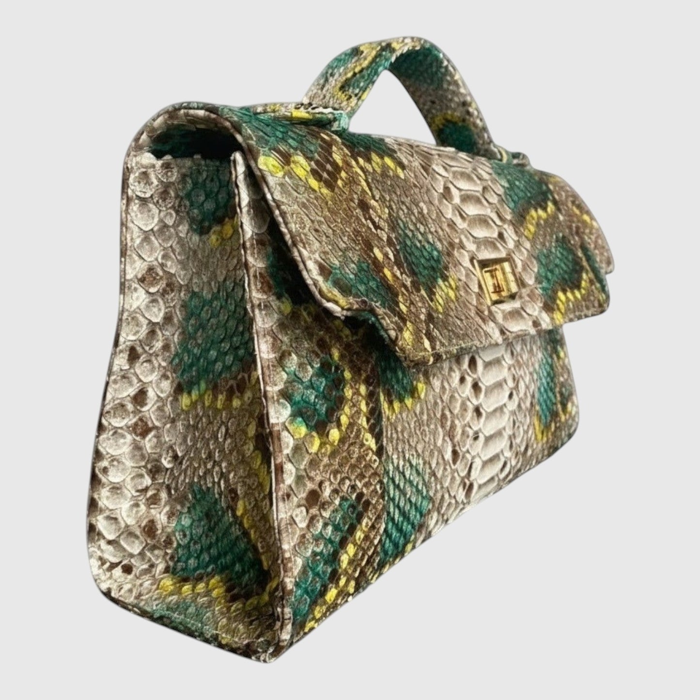 Sac à main Leather craftman Emerald Serpent en cuir de python véritable vert, doré et beige avec fermoir doré