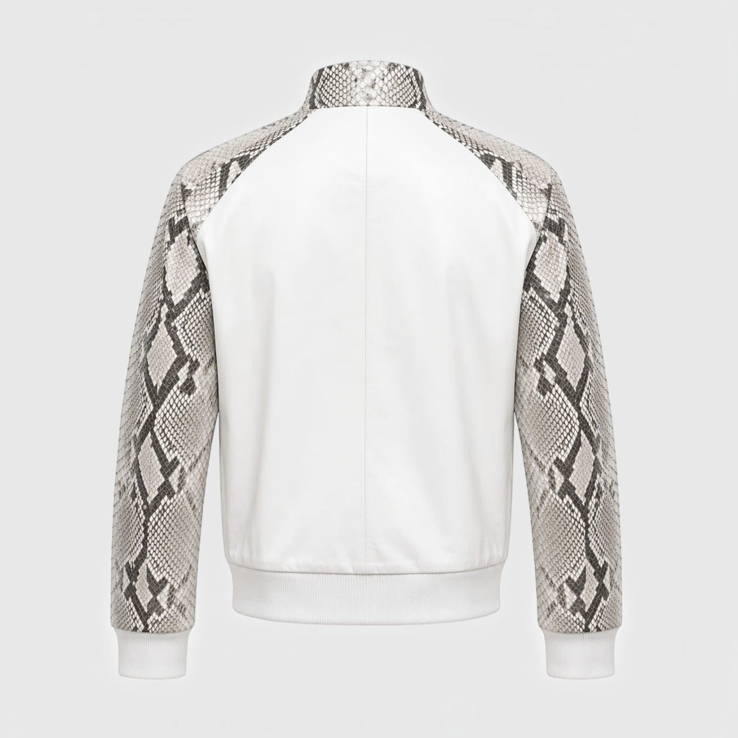 Veste pour homme Leather craftman en cuir de serpent blanc avec manches texturées et col montant, vue arrière