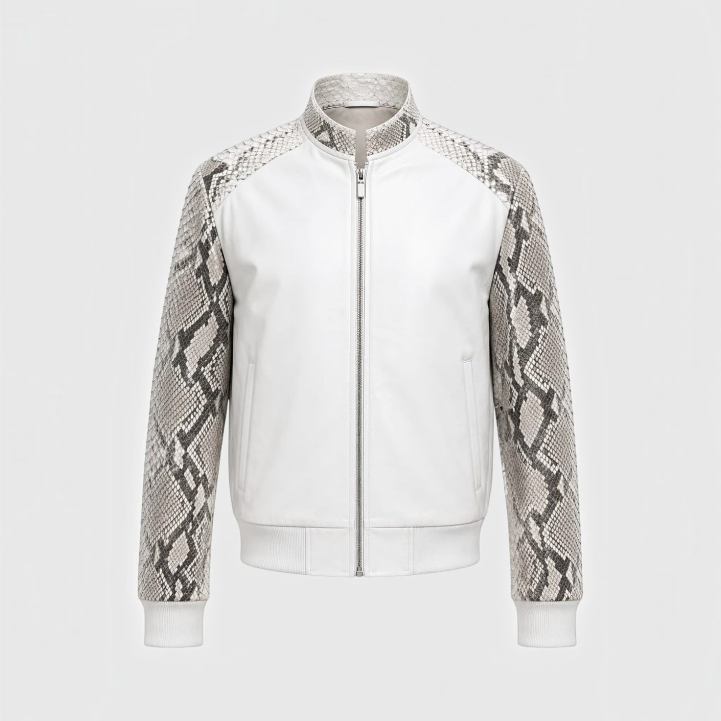 Veste pour homme Leather craftman en cuir blanc avec manches en peau de serpent texturée et col montant zippé