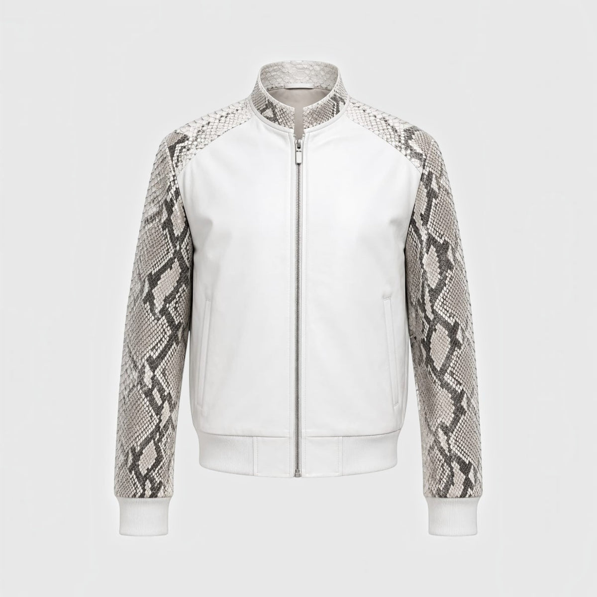 Veste pour homme Leather craftman en cuir blanc avec manches en peau de serpent texturée et col montant zippé