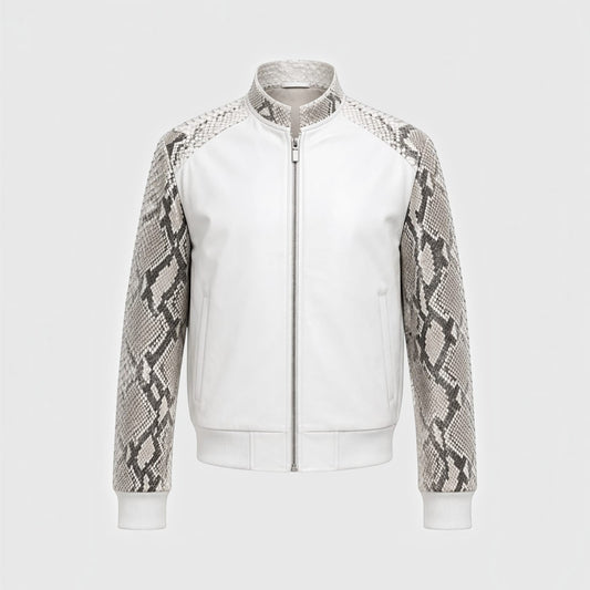 Veste pour homme Leather craftman en cuir blanc avec manches en peau de serpent texturée et col montant zippé