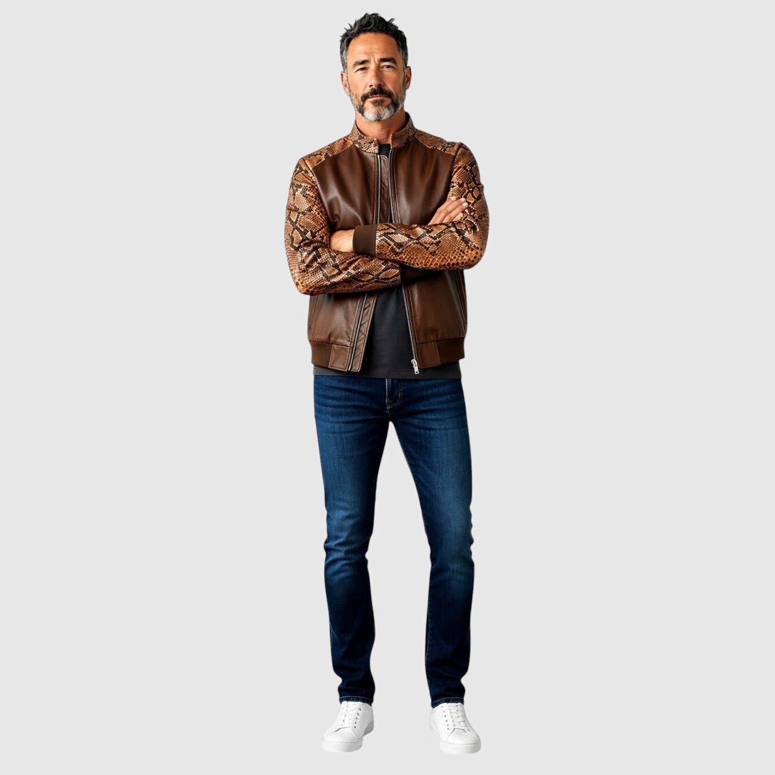 Homme portant une veste Leather craftman en cuir de serpent marron avec col structuré et fermeture éclair minimaliste