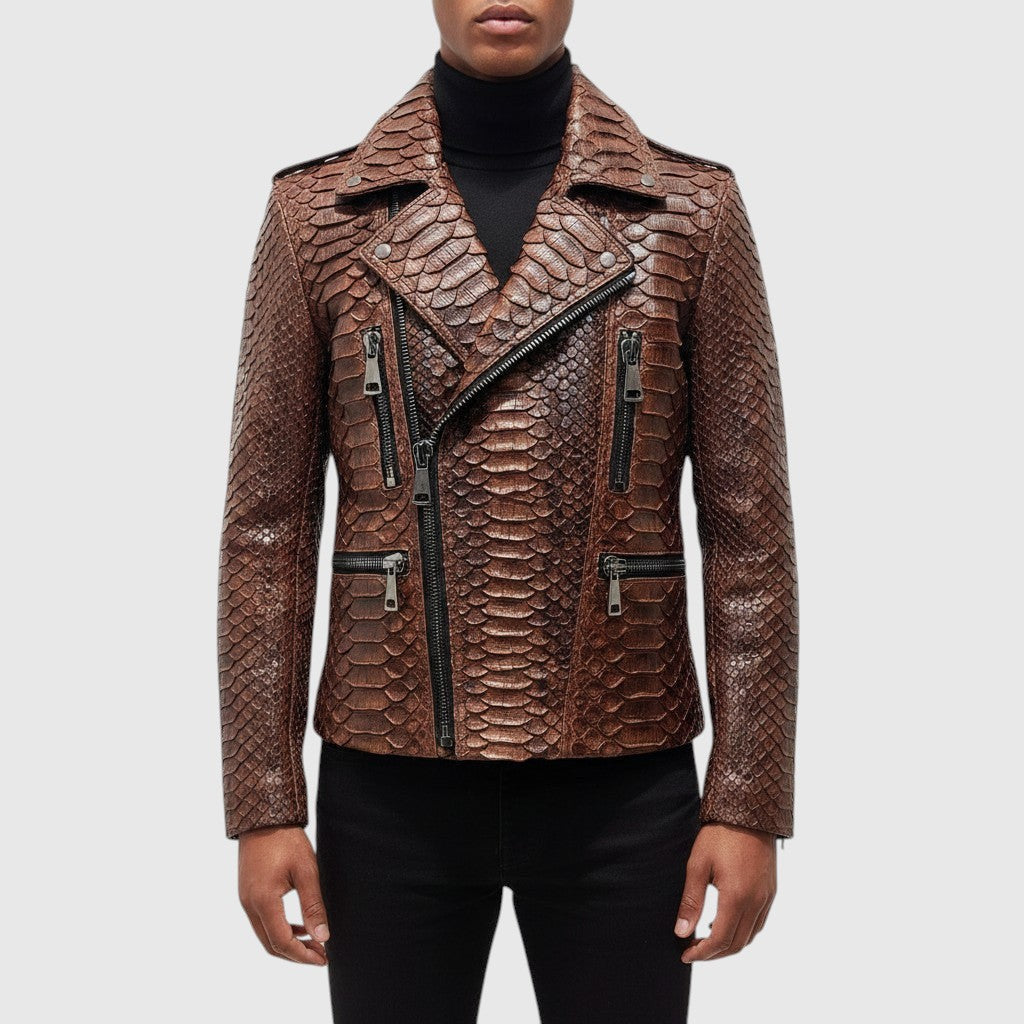 Veste motard pour homme en cuir de serpent marron Leather craftman avec col structuré et fermetures éclair noires