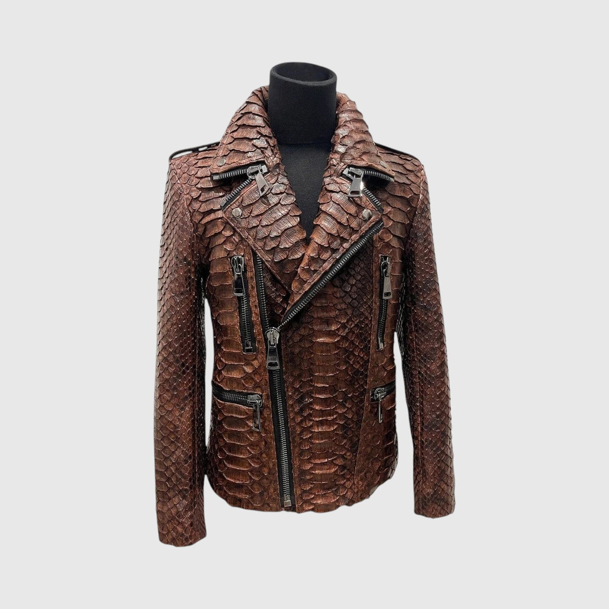 Veste pour homme Leather craftman en cuir de serpent marron avec fermeture éclair et col structuré