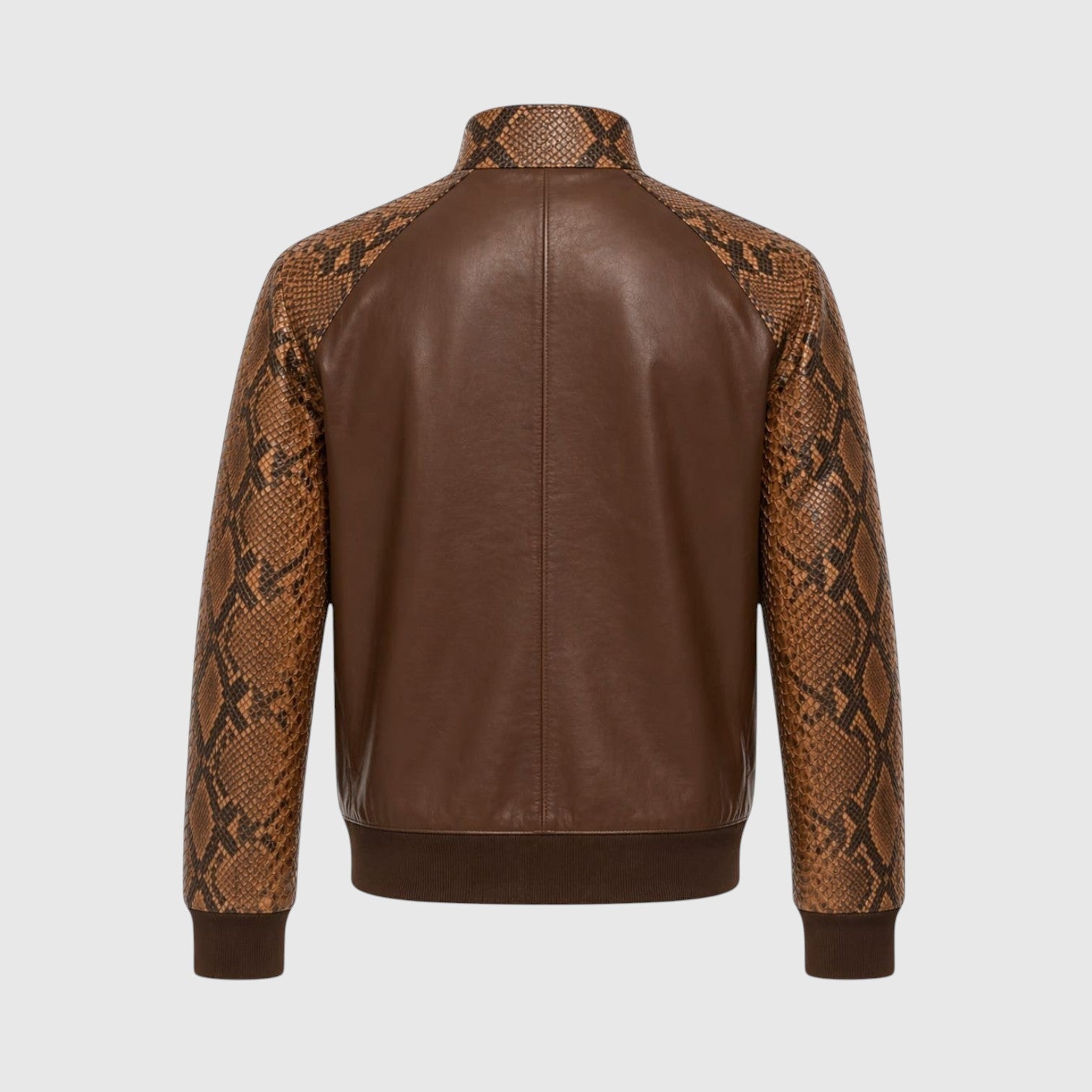 Veste bomber Leather craftman en cuir marron avec manches en peau de serpent texturée et col montant