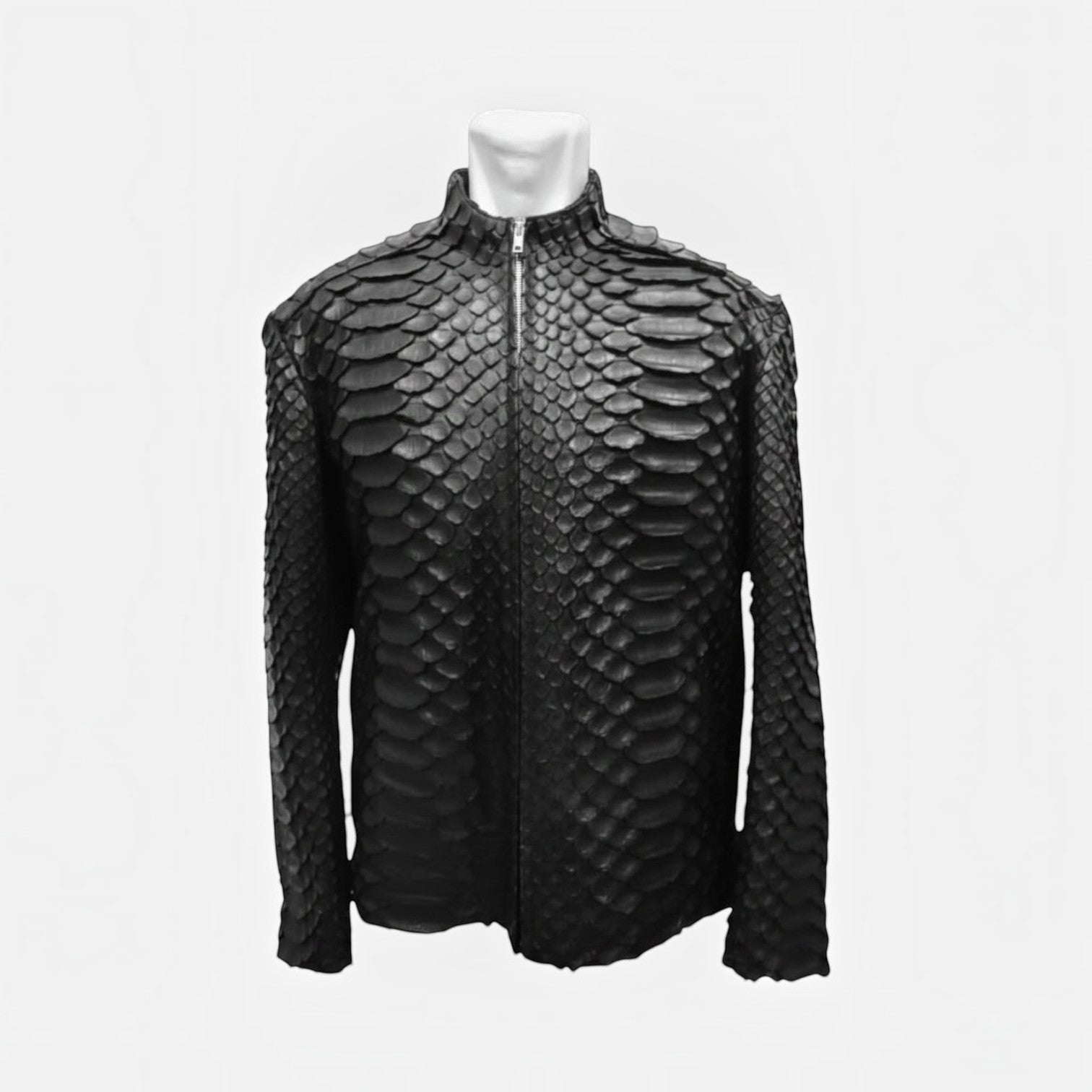 Veste Leather craftman en cuir de serpent noir avec texture d'écailles structurée et fermeture éclair centrale