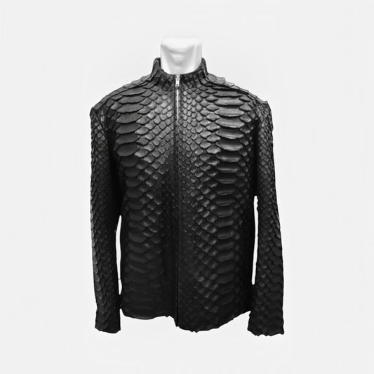 Veste Leather craftman en cuir de serpent noir avec texture d'écailles structurée et fermeture éclair centrale