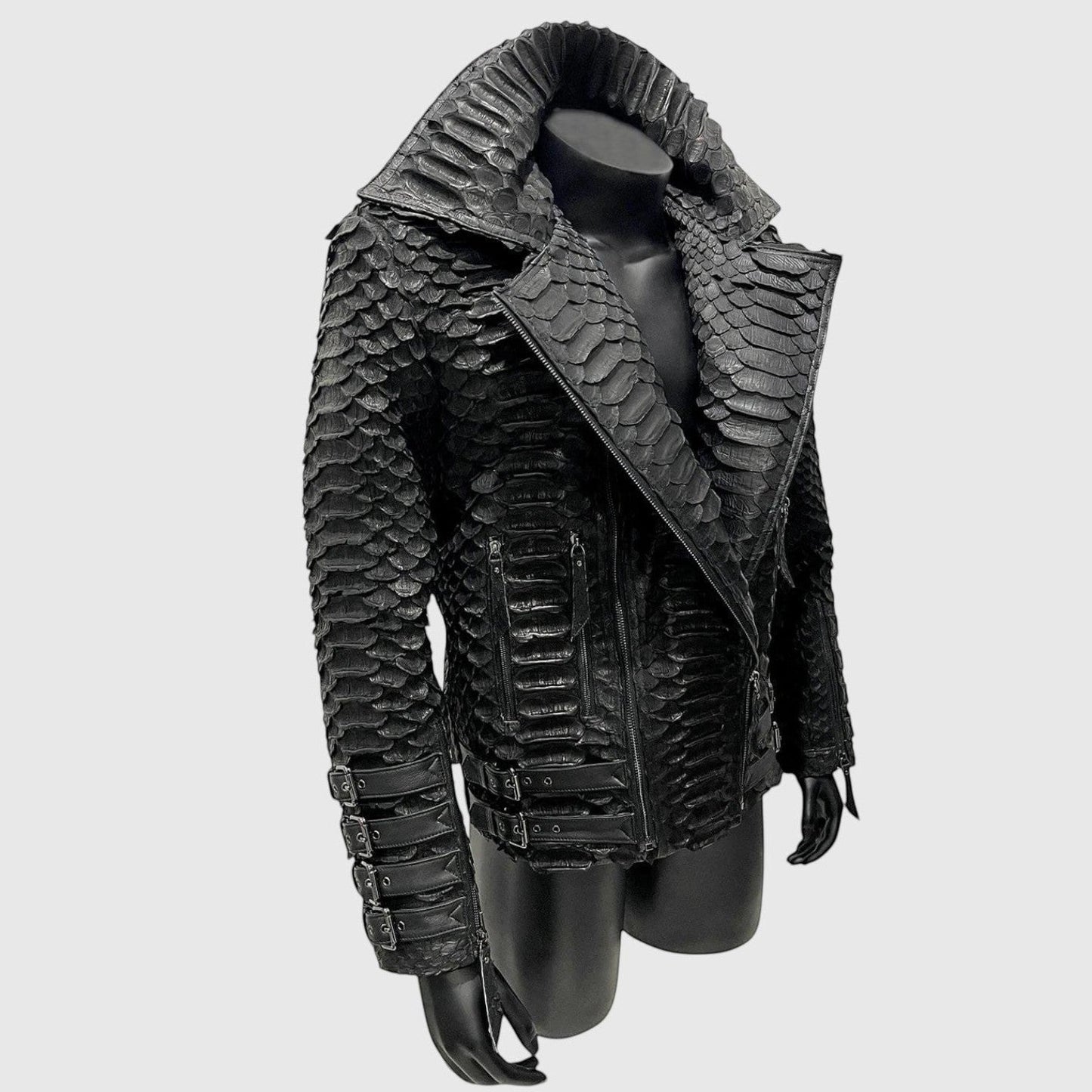 Veste pour homme Leather craftman en cuir de serpent noir avec col structuré et fermeture éclair minimaliste