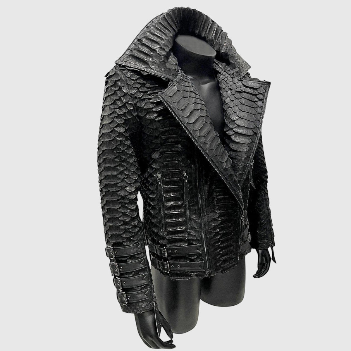 Veste pour homme Leather craftman en cuir de serpent noir avec col structuré et fermeture éclair minimaliste