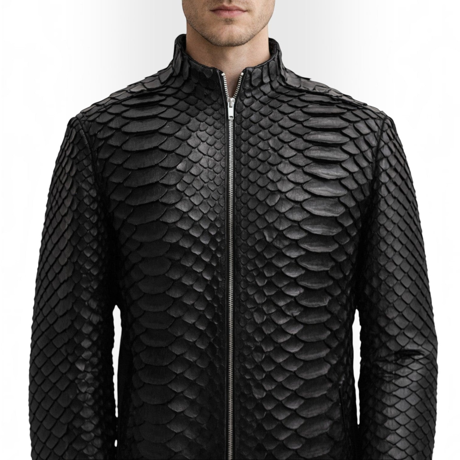 Veste Dragon Python Leather craftman en cuir de serpent noir avec texture d'écailles et fermeture éclair centrale