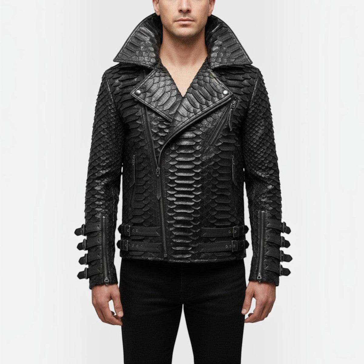 Veste en cuir de serpent noir Leather craftman pour homme avec col structuré, fermeture éclair et boucles aux poignets