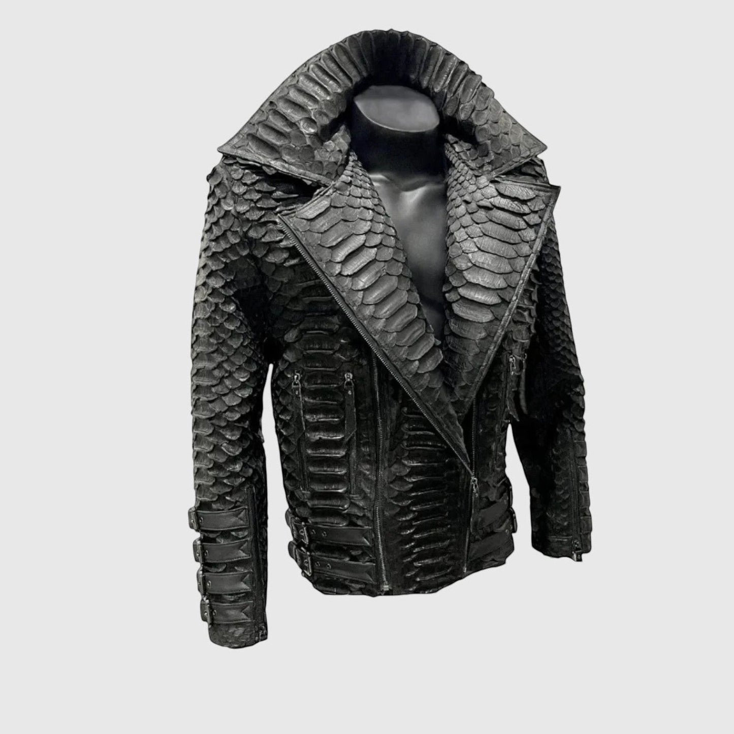 Veste pour homme Leather craftman en cuir de serpent noir avec col structuré et fermeture éclair minimaliste