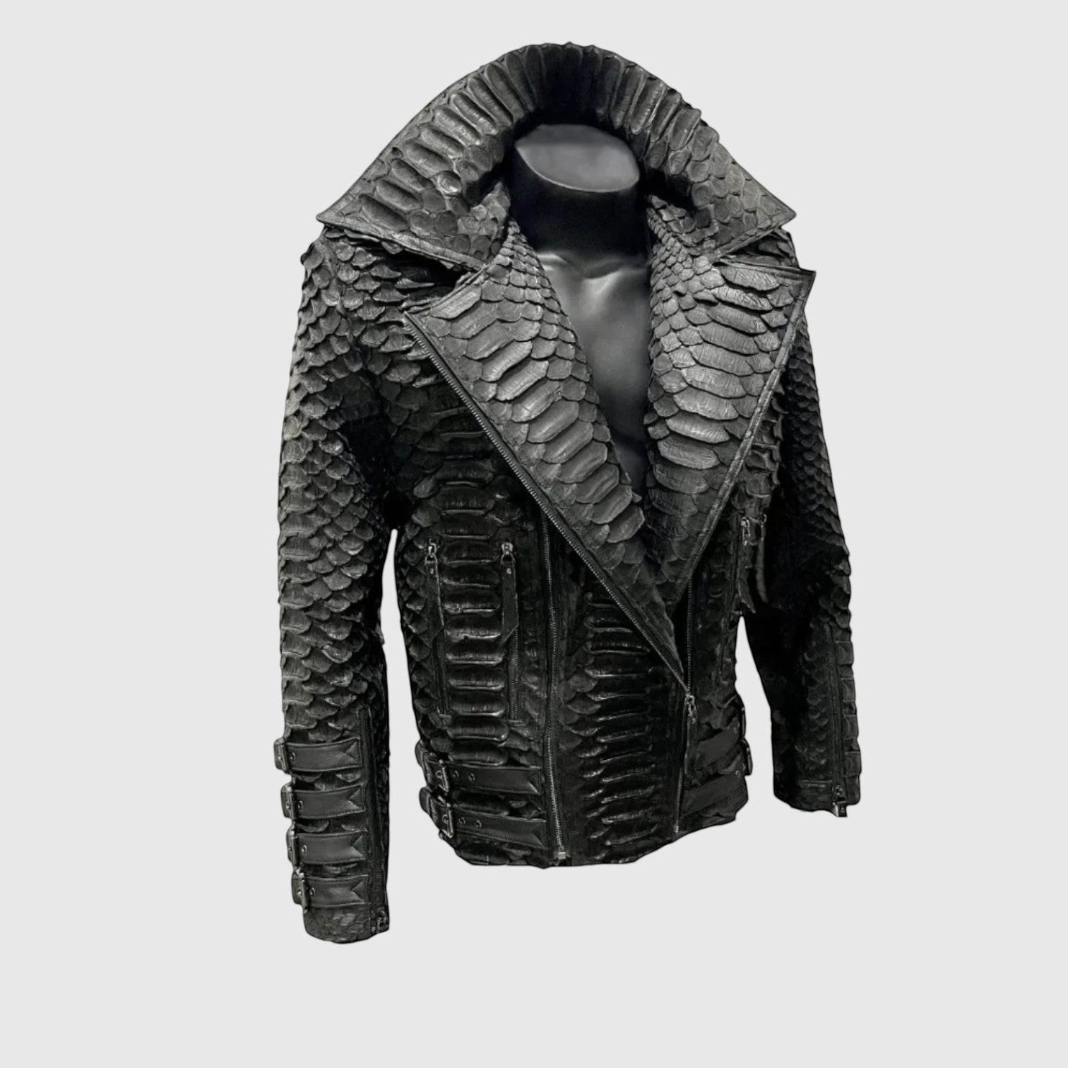 Veste pour homme Leather craftman en cuir de serpent noir avec col structuré et fermeture éclair minimaliste
