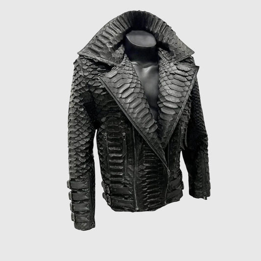 Veste pour homme Leather craftman en cuir de serpent noir avec col structuré et fermeture éclair minimaliste