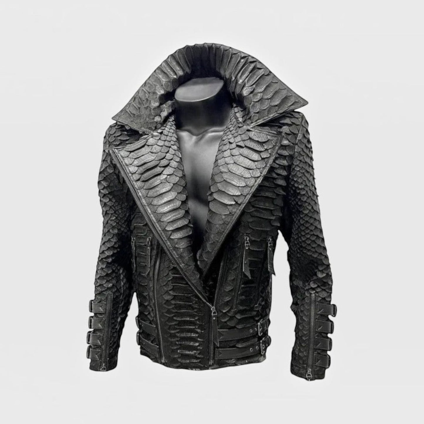 Veste pour homme Leather craftman en cuir de serpent noir avec col structuré et fermetures éclair minimalistes