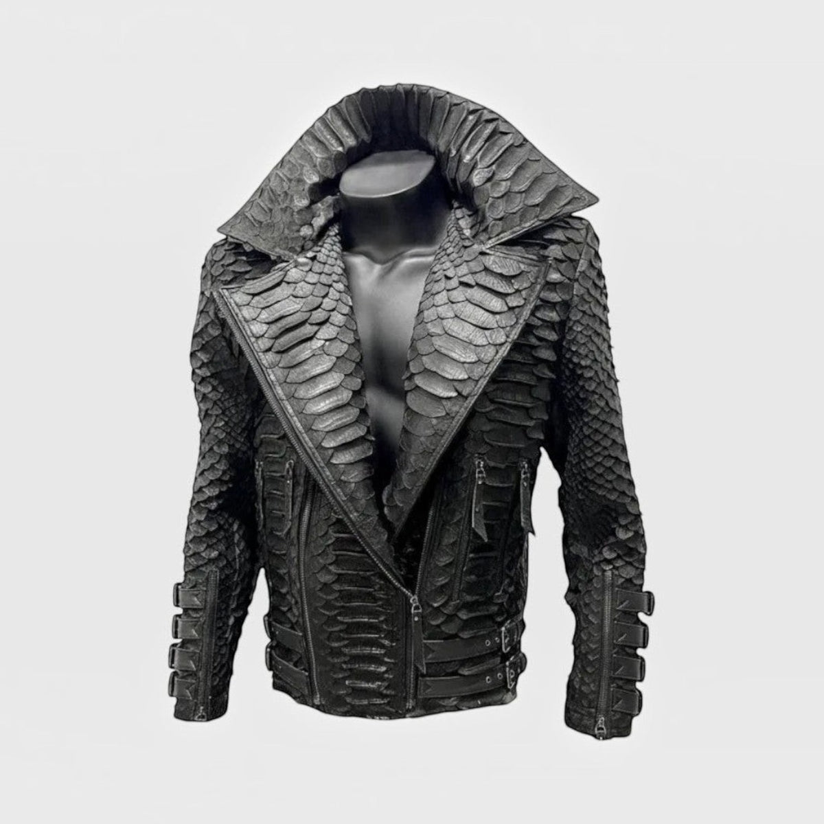 Veste pour homme Leather craftman en cuir de serpent noir avec col structuré et fermetures éclair minimalistes