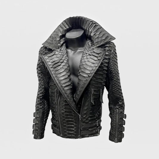 Veste pour homme Leather craftman en cuir de serpent noir avec col structuré et fermetures éclair minimalistes