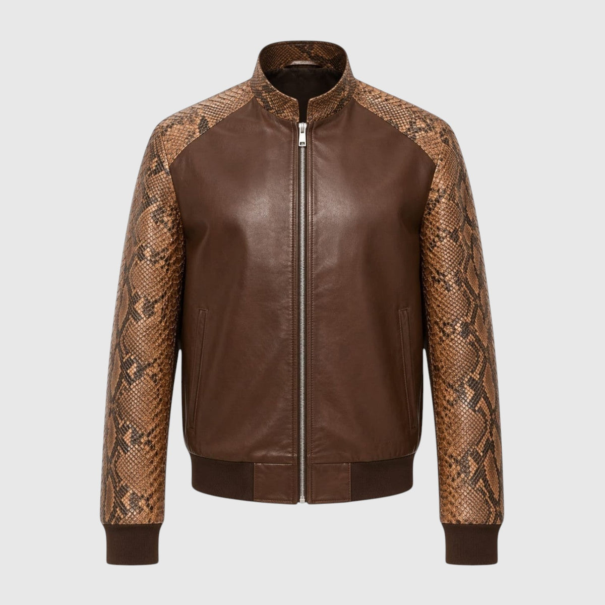 Veste bomber Leather craftman pour homme en cuir marron avec manches en peau de serpent texturée et fermeture zippée