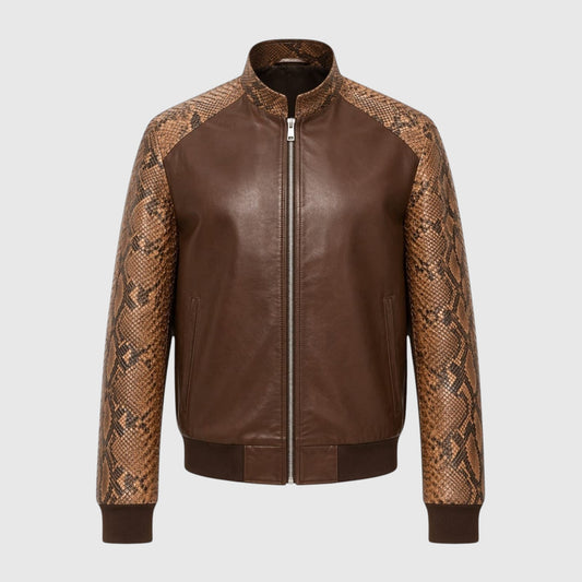 Veste bomber Leather craftman pour homme en cuir marron avec manches en peau de serpent texturée et fermeture zippée