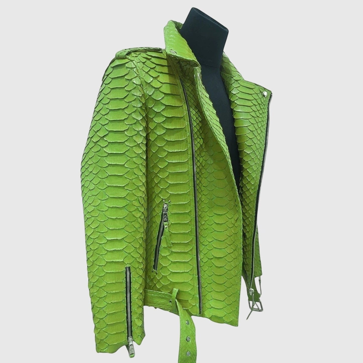 Veste de motard Leather craftman en cuir de serpent vert vif avec fermeture éclair et col structuré