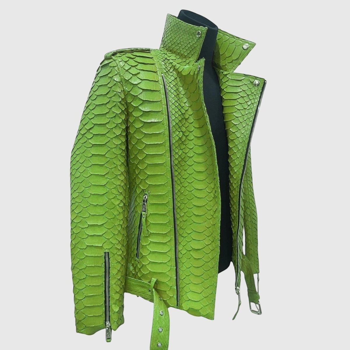 Veste de motard Leather craftman en cuir de serpent vert vif avec fermeture éclair et col structuré