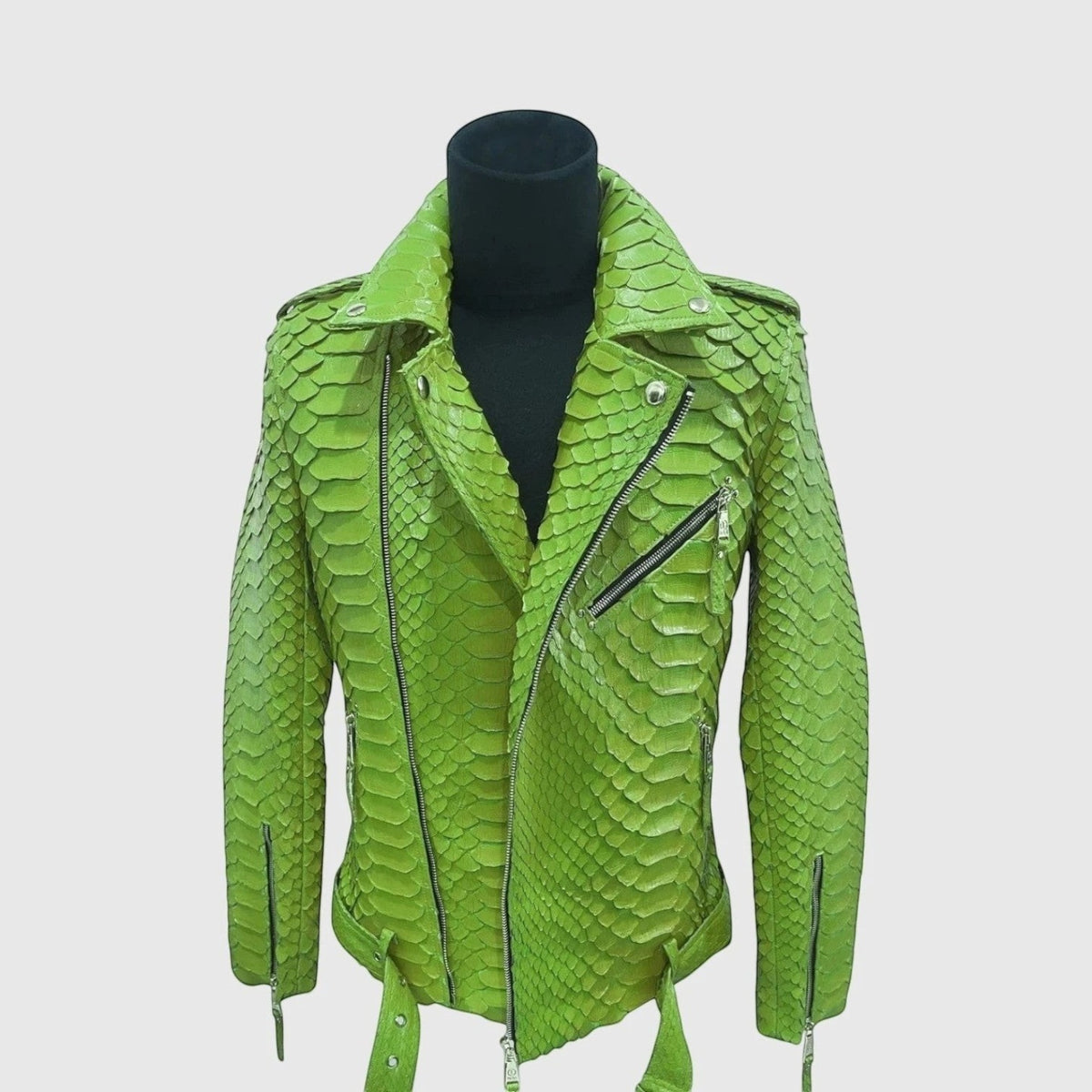 Veste de motard Leather craftman en cuir de serpent vert vif avec fermeture éclair et col structuré