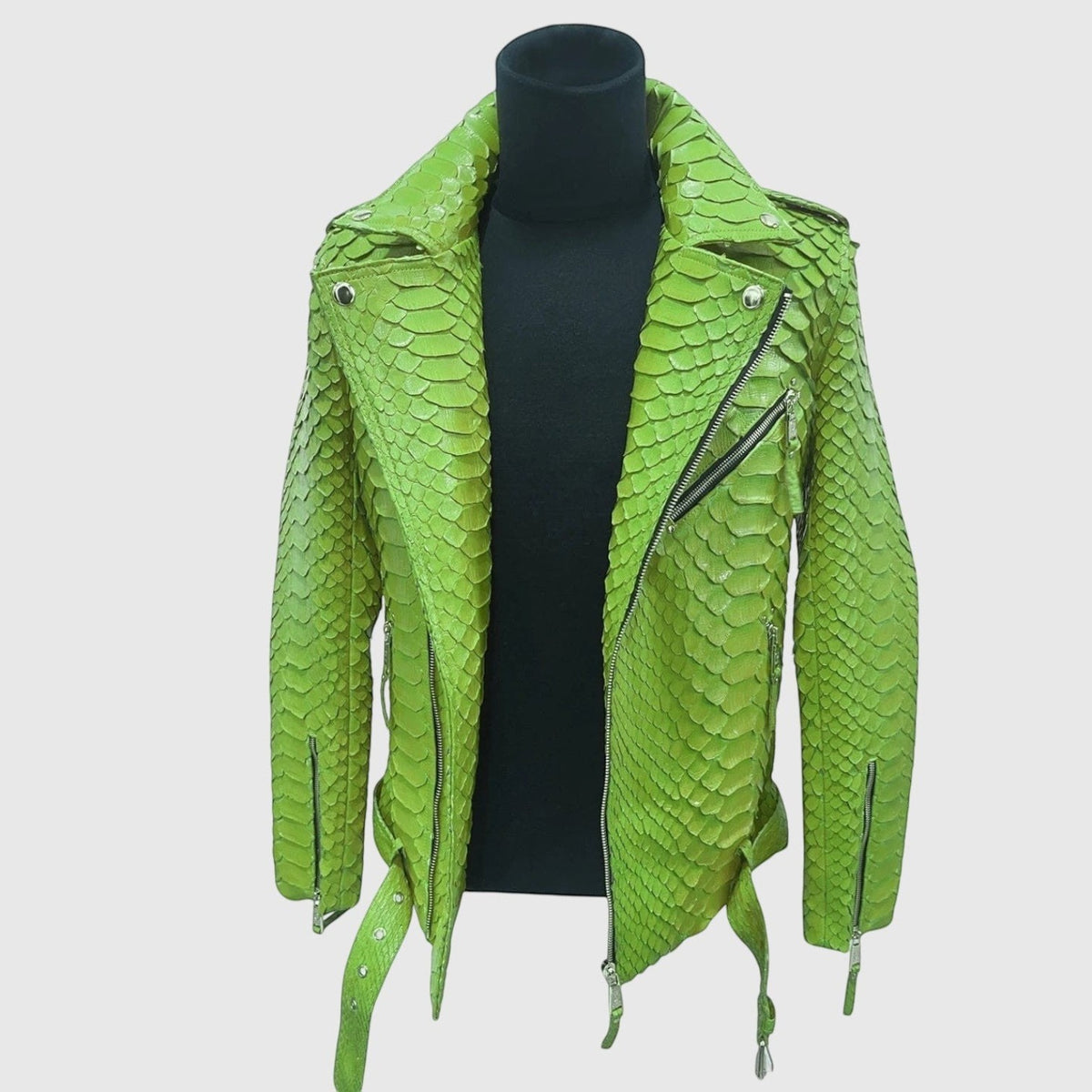 Veste de motard Leather craftman en cuir de serpent vert vif avec fermeture éclair et col structuré
