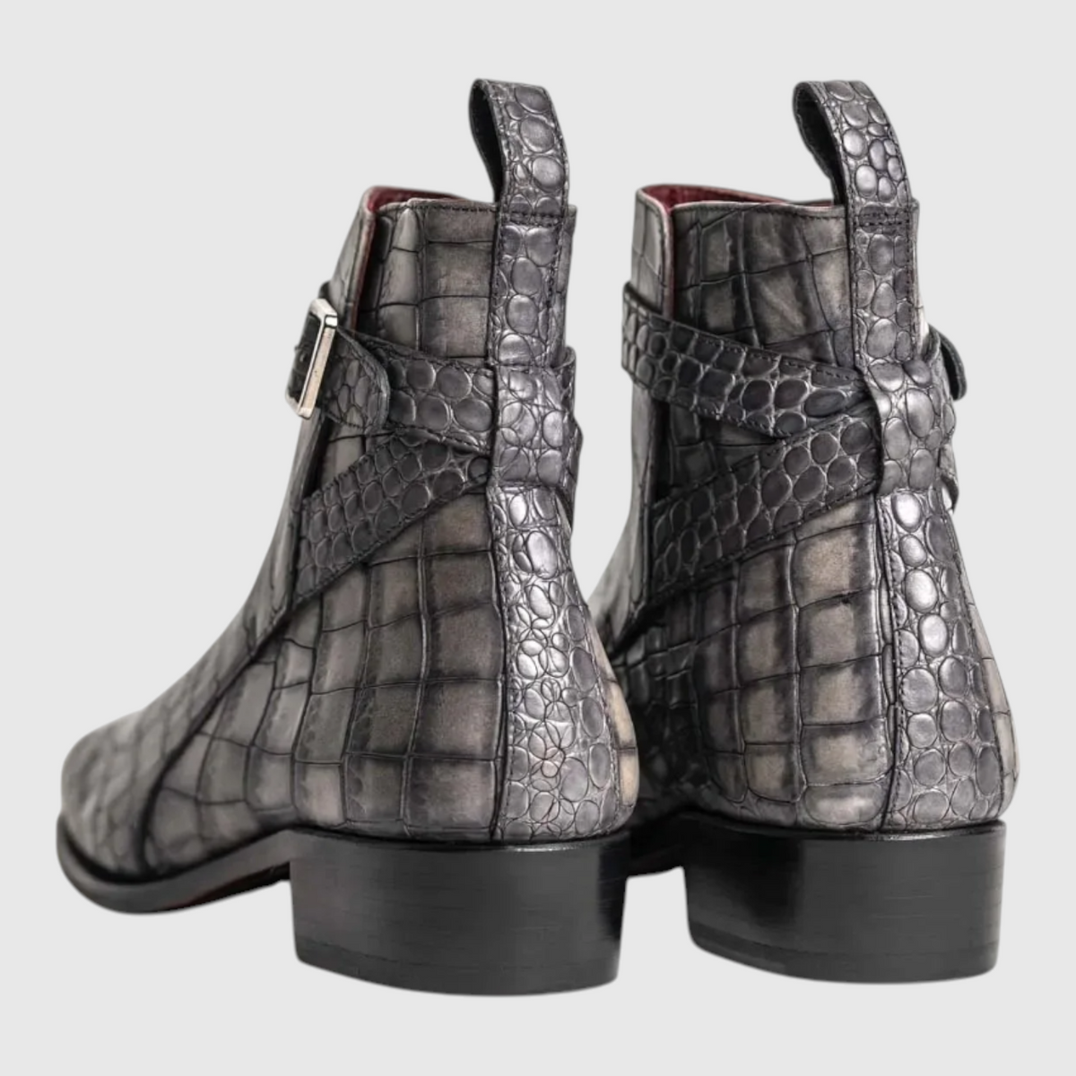Men's genuine crocodile leather ankle boots rear view in charcoal gray