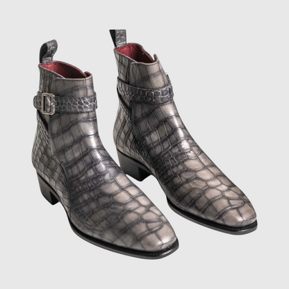 Men's genuine crocodile leather ankle boots front three-quarter view in charcoal gray