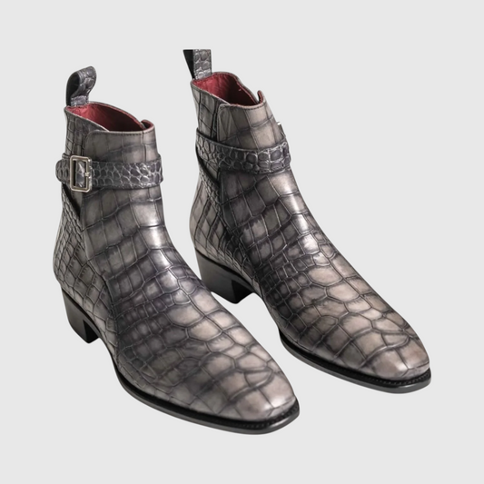 Men's genuine crocodile leather ankle boots front three-quarter view in charcoal gray