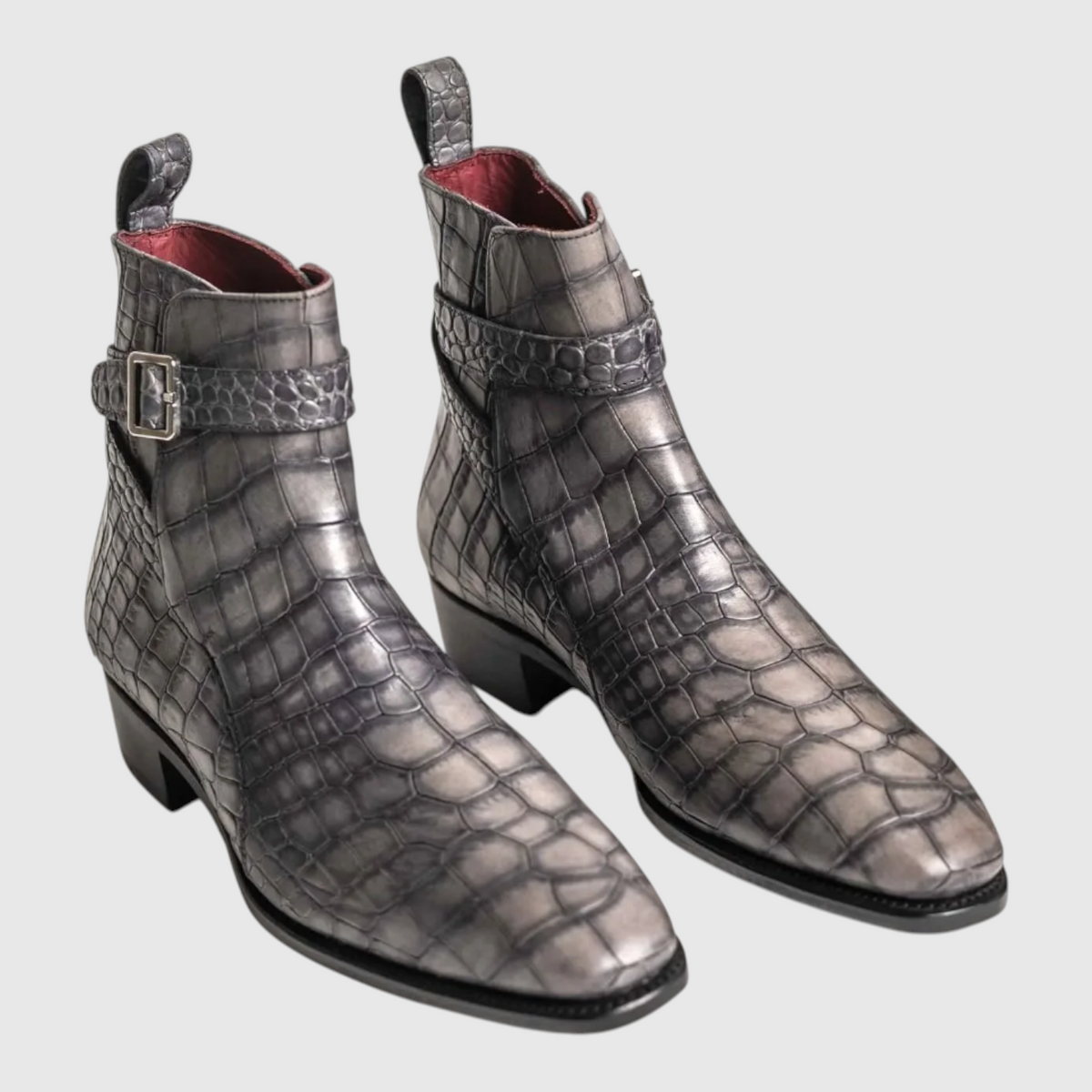 Men's genuine crocodile leather ankle boots front detail in charcoal gray