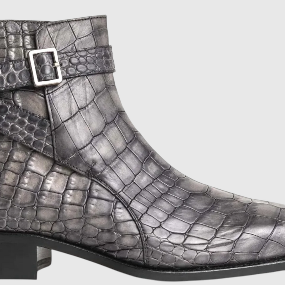 Men's genuine crocodile leather ankle boot side detail in charcoal gray