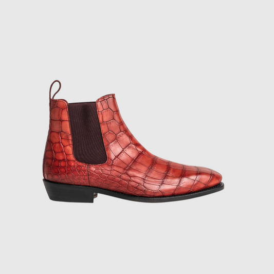 Men's crocodile leather Chelsea ankle boots front three-quarter view in red