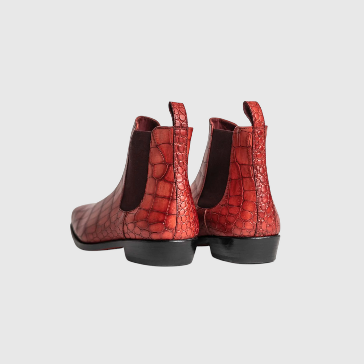 Men's crocodile leather Chelsea ankle boots rear view in red